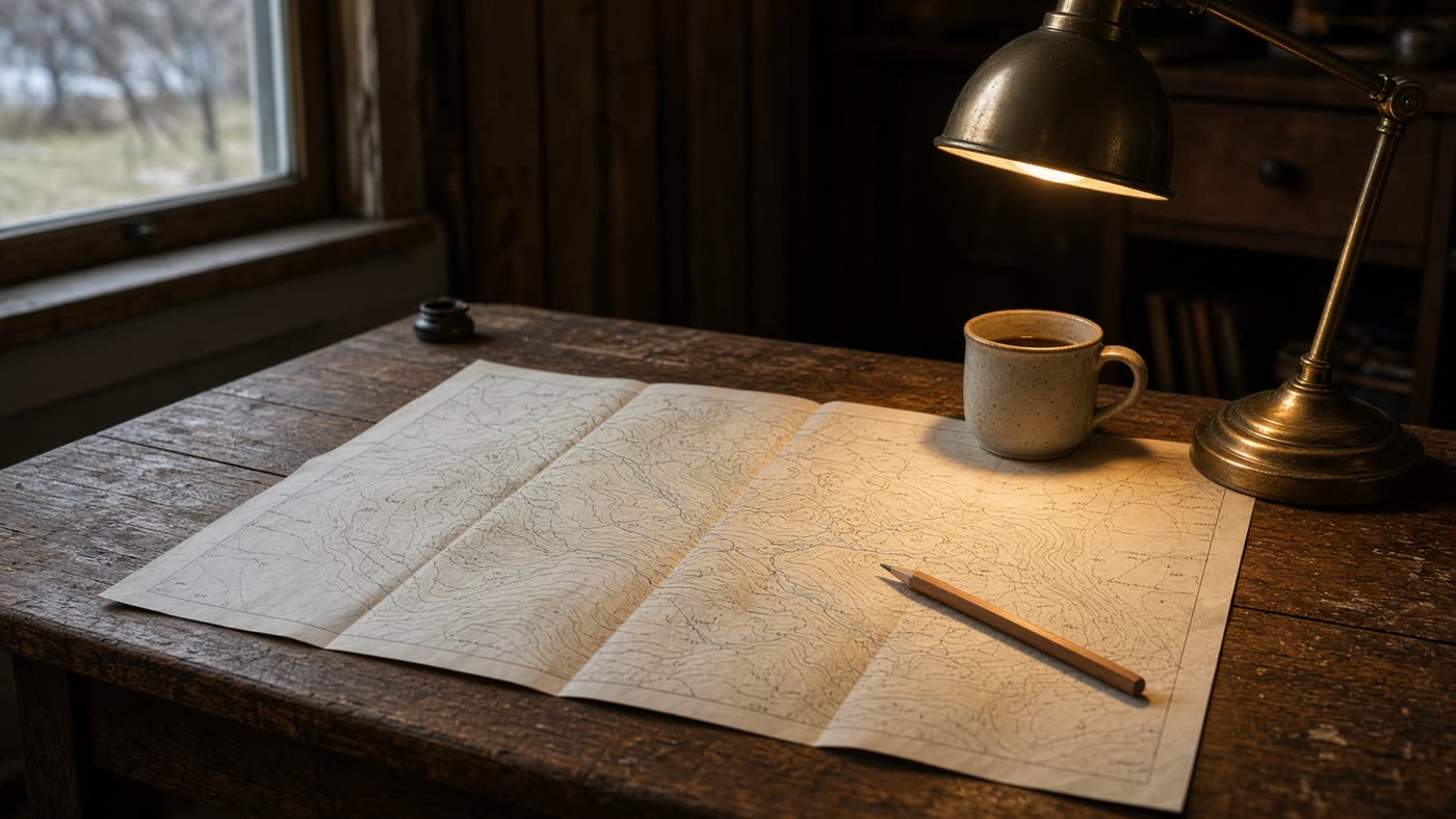 Work table with a paper map under a brass lamp